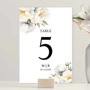 White Peony Elegant Watercolor Floral Wedding Table Number