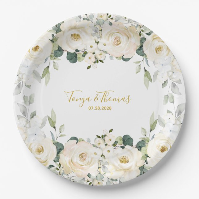 White Peony Epiphany Wedding 9 Inch Dinner Paper Plates (Front)