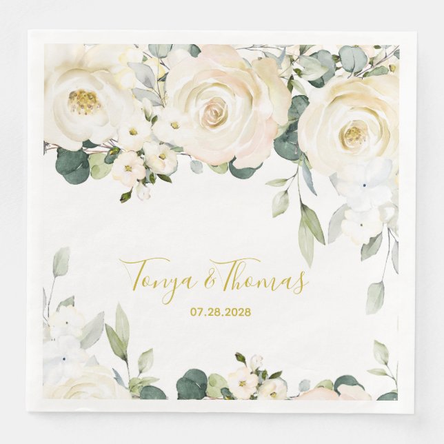 White Peony Epiphany Wedding Dinner Napkins (Front)