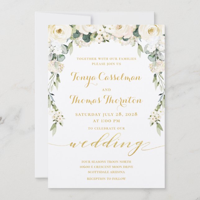 White Peony Epiphany Wedding Gold Calligraphy Invitation (Front)