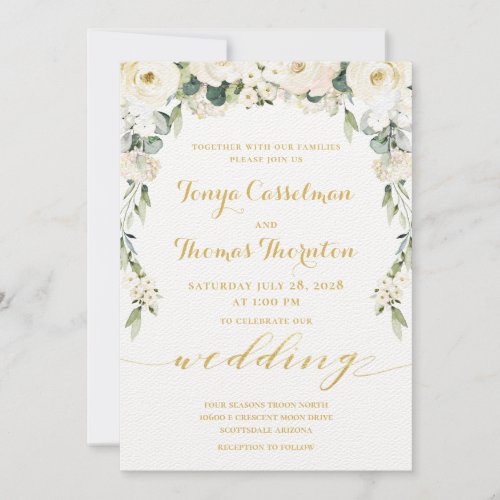White Peony Epiphany Wedding Gold Calligraphy Invitation