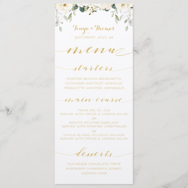 White Peony Epiphany Wedding Gold Calligraphy Menu (Front)