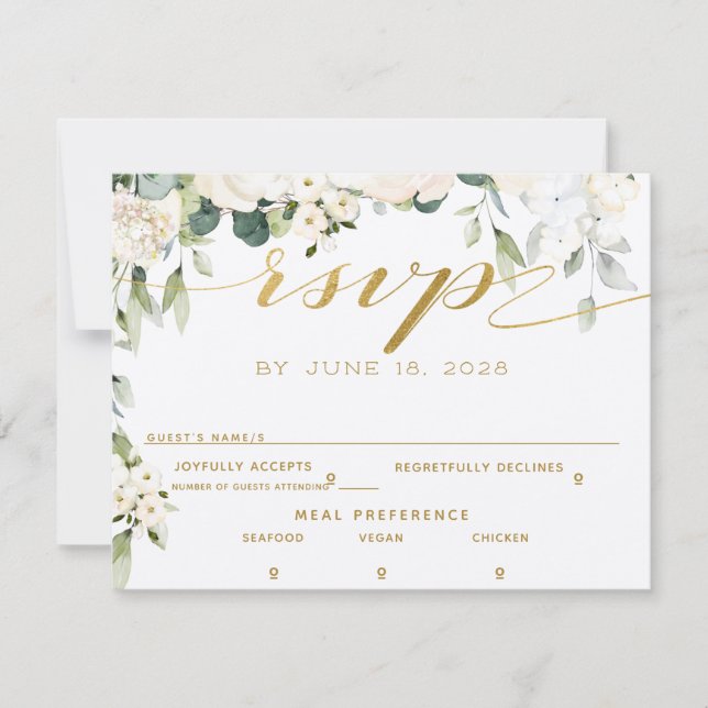 White Peony Epiphany Wedding RSVP Mail Back Card (Front)