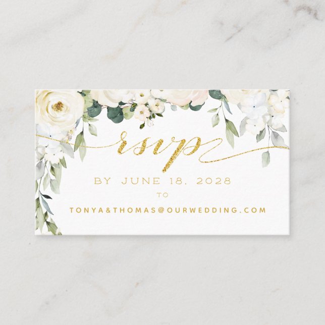 White Peony Epiphany Wedding RSVP Online Card (Front)