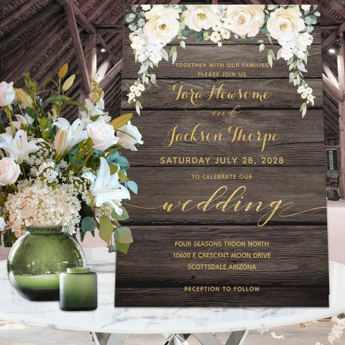 White Peony Epiphany Wedding Rustic Barn Board Invitation