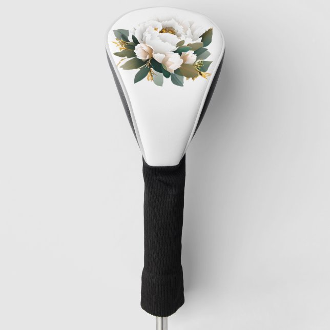 White Peony Eucalyptus Gold Flower Golf Head Cover (Front)