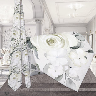 White Peony Eucalyptus Greenery Floral Wedding Neck Tie
