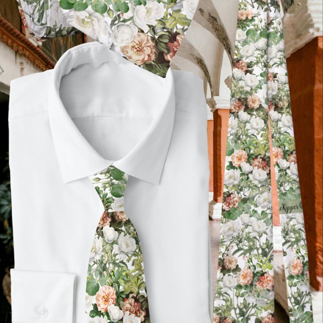 White Peony, Eucalyptus Pink Rose Neck Tie (Creator Uploaded)