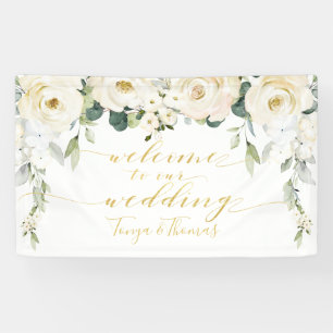 White Peony Fancy Gold Calligraphy Welcome Banner
