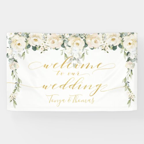 White Peony Fancy Gold Calligraphy Welcome Banner