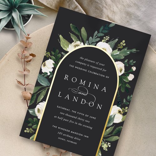 White Peony  Floral Arch Wedding Foil Invitation