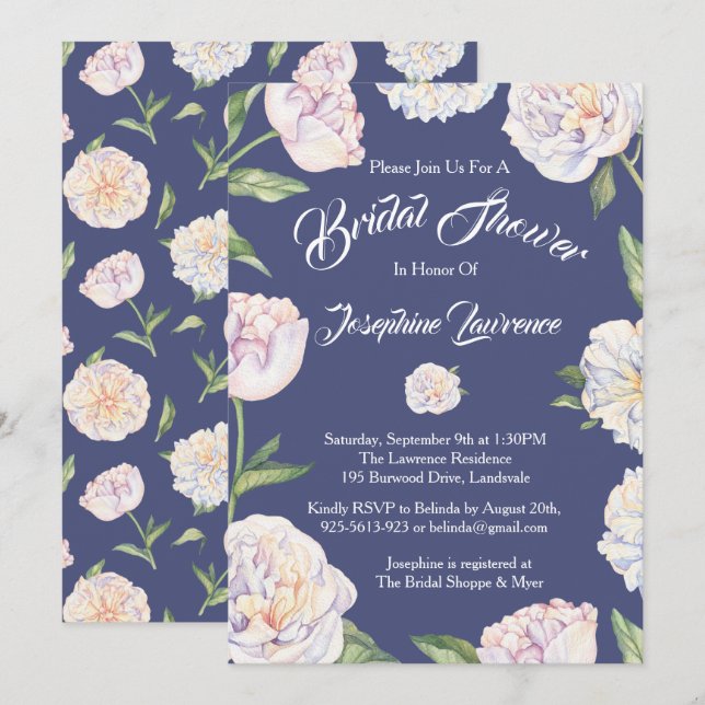 White Peony Floral Blue Bridal Shower Invitations (Front/Back)