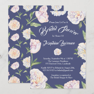 White Peony Floral Blue Bridal Shower Invitations