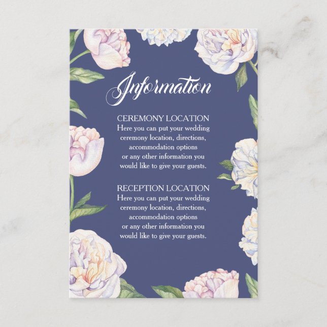 White Peony Floral Blue Wedding Information Cards (Front)