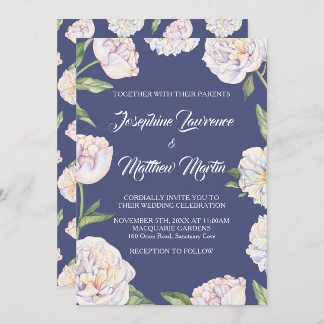 White Peony Floral Blue Wedding Invitations (Front/Back)