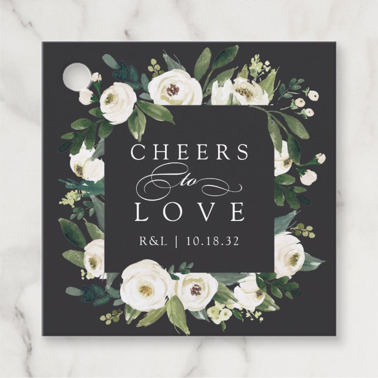 White Peony Floral Frame &quot;Cheers to Love&quot; Wedding Favor Tags