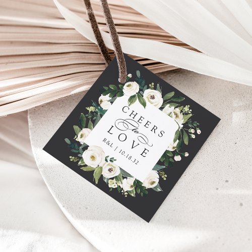 White Peony Floral Frame Cheers to Love Wedding Favor Tags