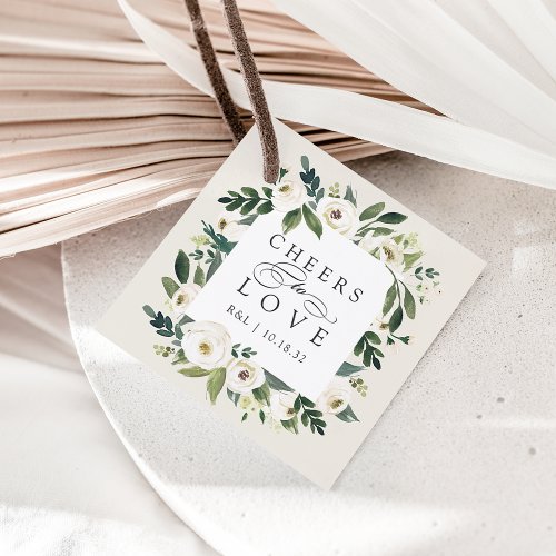 White Peony Floral Frame Cheers to Love Wedding Favor Tags