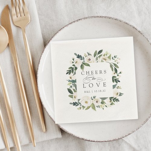 White Peony Floral Frame Cheers to Love Wedding Napkins