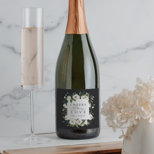 White Peony Floral Frame Cheers to Love Wedding Sparkling Wine Label