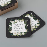 White Peony Floral Frame "Cheers to Love" Wedding Square Paper Coaster<br><div class="desc">Our White Peony watercolor floral wedding collection features delicately painted watercolor greenery,  green botanical foliage and white and ivory peony flowers. "Cheers to love" appears in classic lettering with calligraphy script accents. Personalize these cocktail napkins with your initials and wedding date,  or your choice of custom text.</div>