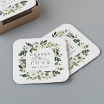 White Peony Floral Frame "Cheers to Love" Wedding Square Paper Coaster<br><div class="desc">Our White Peony watercolor floral wedding collection features delicately painted watercolor greenery,  green botanical foliage and white and ivory peony flowers. "Cheers to love" appears in classic lettering with calligraphy script accents. Personalize these cocktail napkins with your initials and wedding date,  or your choice of custom text.</div>