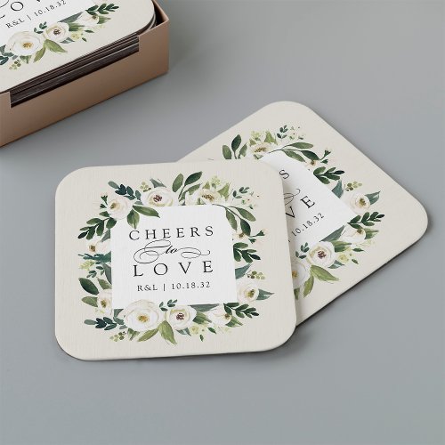 White Peony Floral Frame Cheers to Love Wedding Square Paper Coaster