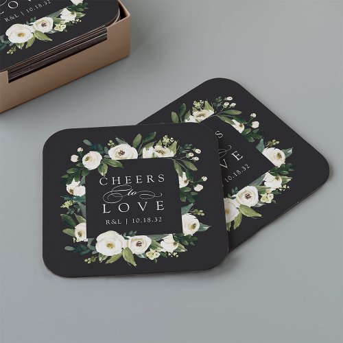 White Peony Floral Frame Cheers to Love Wedding Square Paper Coaster