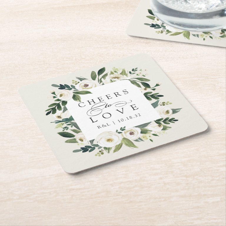 White Peony Floral Frame &quot;Cheers to Love&quot; Wedding Square Paper Coaster