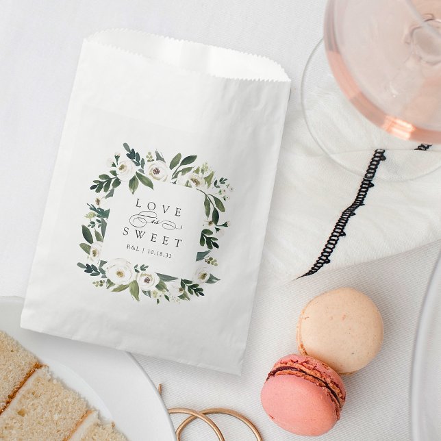 White Peony | Floral Frame "Love is Sweet" Wedding Favor Bag (Creator Uploaded)