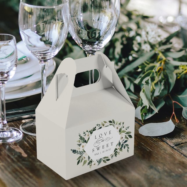 White Peony | Floral Frame "Love is Sweet" Wedding Favor Boxes (Creator Uploaded)