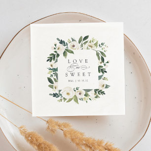 White Peony Floral Frame "Love is Sweet" Wedding Napkins