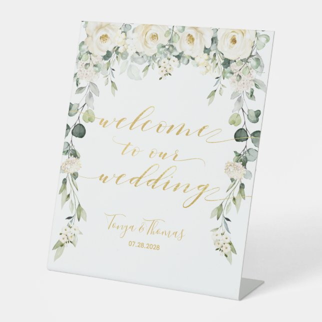 White Peony Floral Gold Fancy Calligraphy Welcome Pedestal Sign (Front)