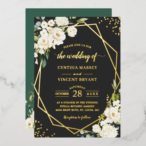 White Peony Floral Gold Geometric Wedding Foil Invitation