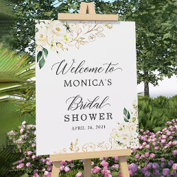 White Peony Floral Gold Leaves Bridal Shower Sign
