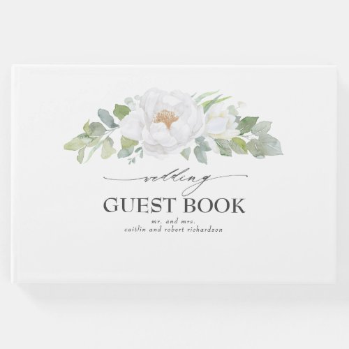 White Peony Floral Greenery Wedding Guest Book
