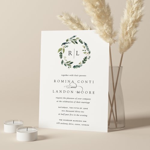 White Peony  Floral Monogram Wreath Wedding Invitation