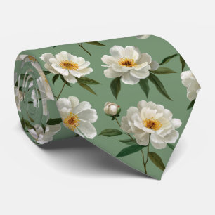 White Peony Floral Pattern Neck Tie