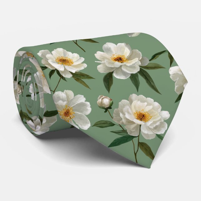 White Peony Floral Pattern Neck Tie (Rolled)