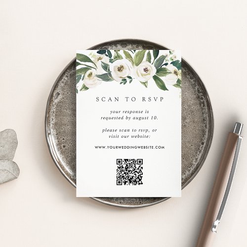 White Peony  Floral QR Code Wedding RSVP Enclosure Card