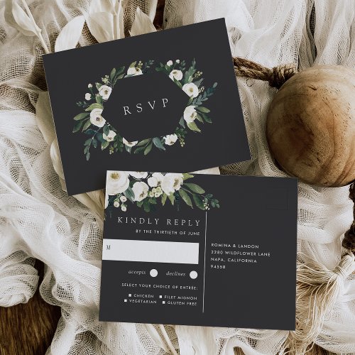White Peony Floral Wedding Meal Choice RSVP Postcard