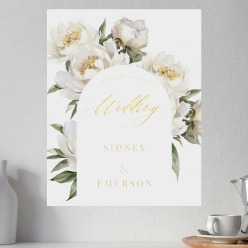 White Peony Floral Welcome to Wedding Arch Foil Prints
