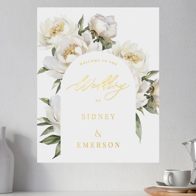 White Peony Floral Welcome to Wedding Arch Foil Prints (In Situ (Counter 2))