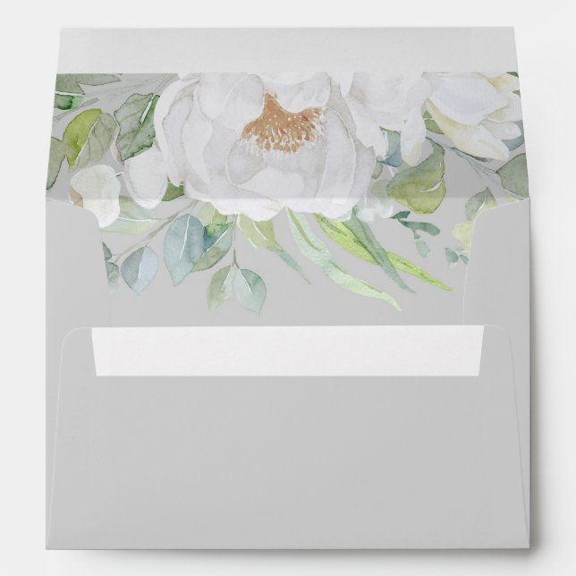 White Peony Flowers and Greenery Elegant Envelope (Back (Bottom))