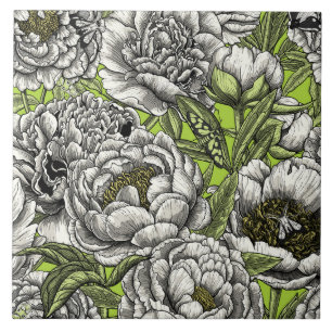 White peony flowers and moths ceramic tile
