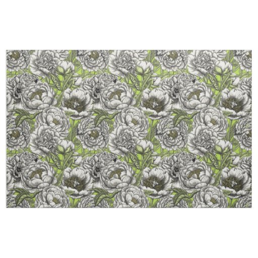 White peony flowers and moths fabric