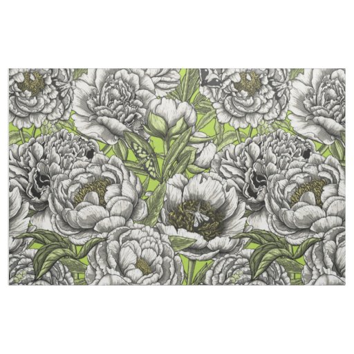 White peony flowers and moths fabric