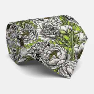 White peony flowers and moths neck tie