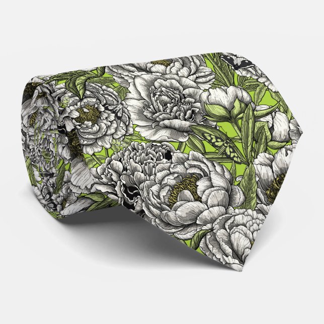 White peony flowers and moths neck tie (Rolled)