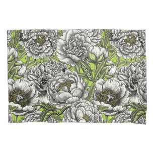 White peony flowers and moths pillow case